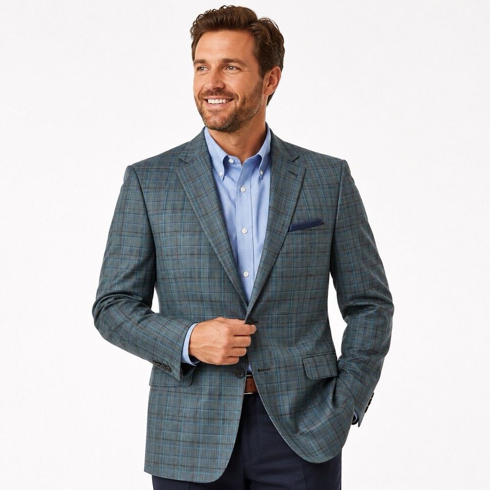Hart Schaffner New York Fit Marx Blue Green Check Men Blazer Cocktail Attire 48R